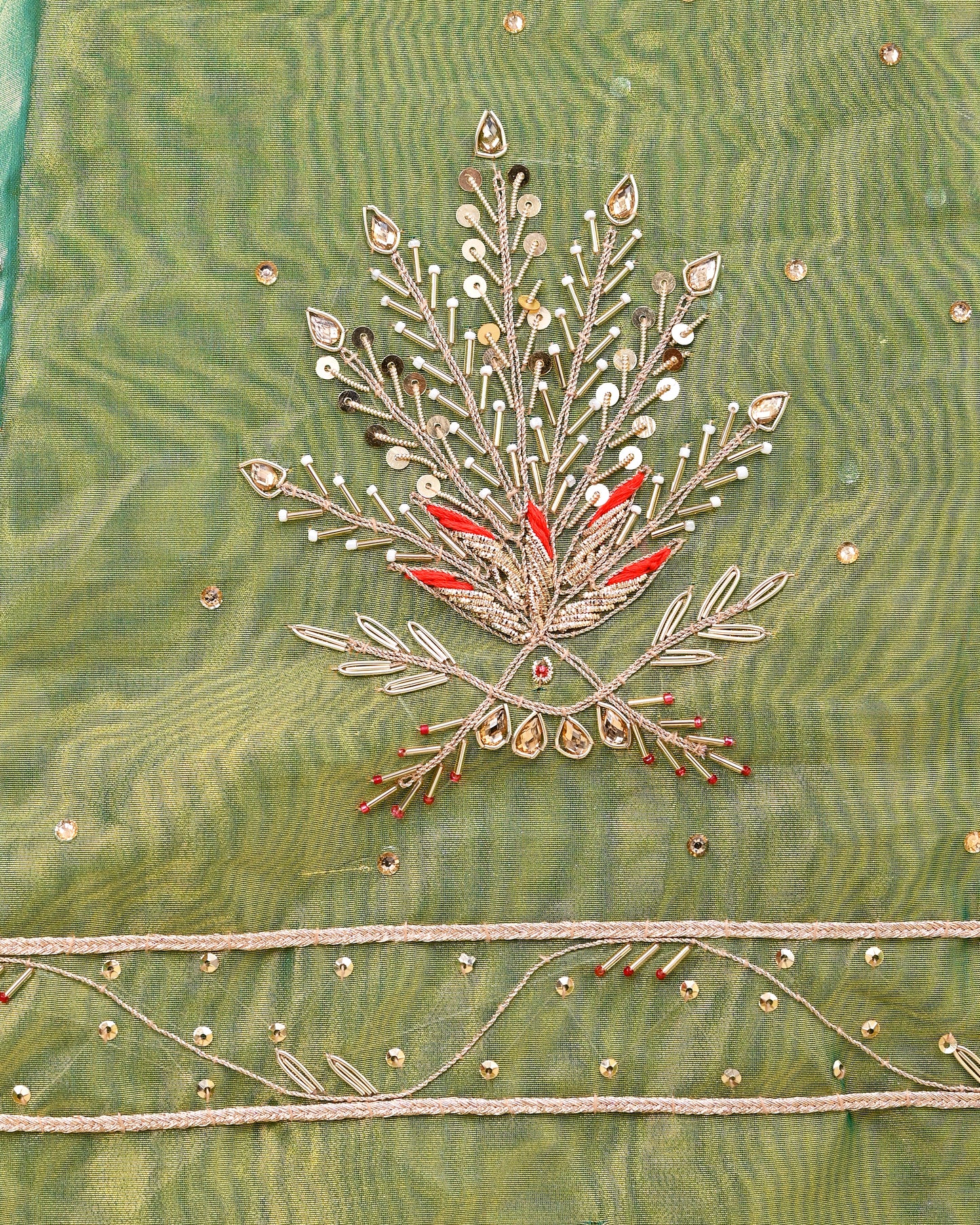 Green Tissue Handwork Rajputi Poshak