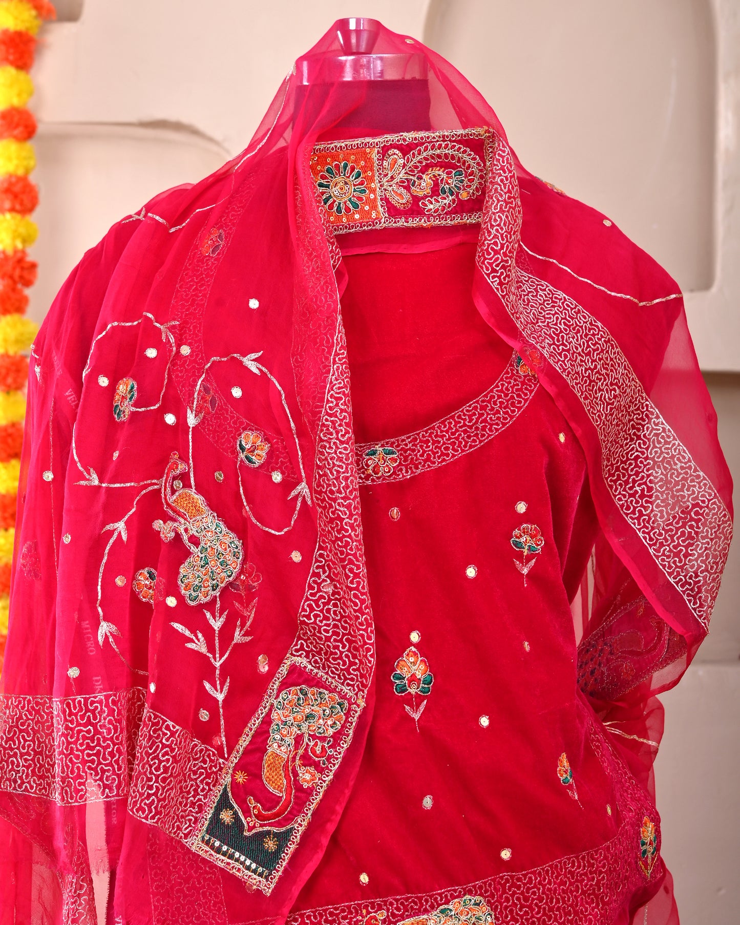 Red Velvet Mix Handwork Rajputi Suit