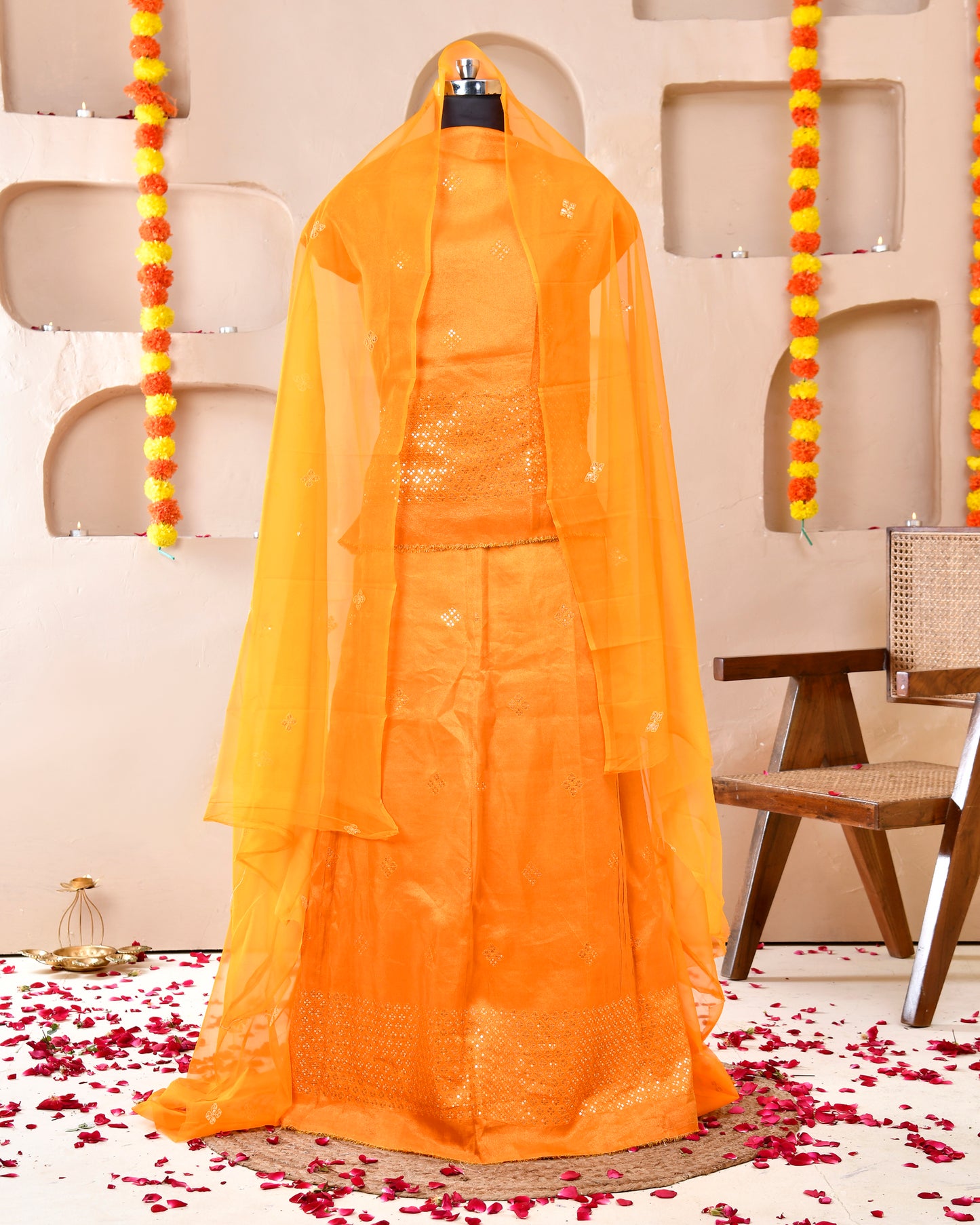 Yellow Peach Tissue Tari Work Rajputi Suit
