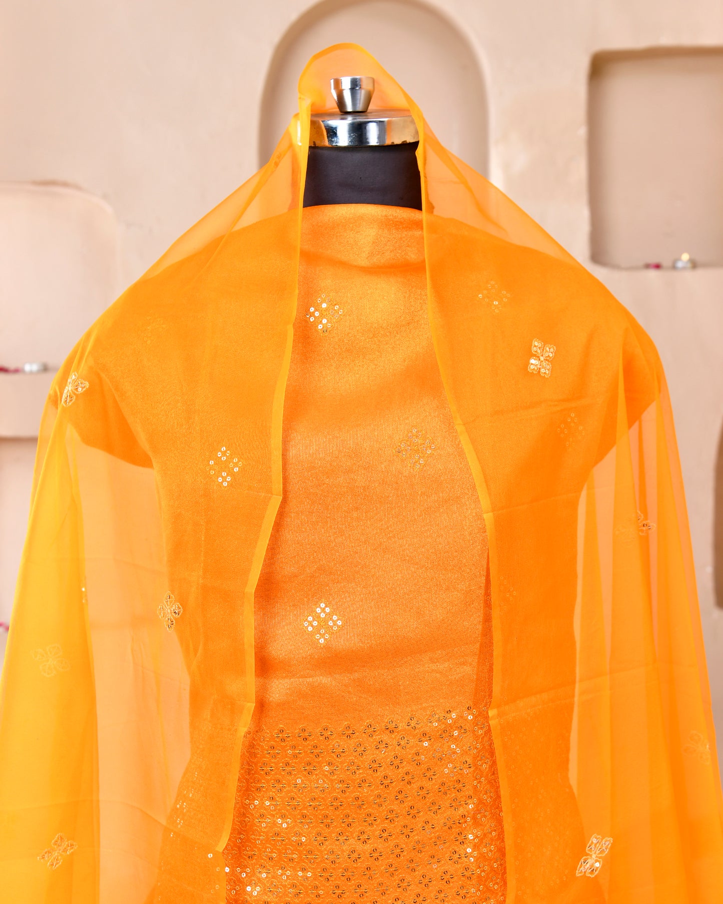 Yellow Peach Tissue Tari Work Rajputi Suit