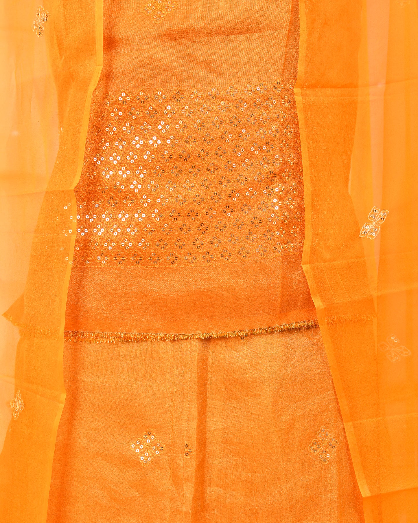 Yellow Peach Tissue Tari Work Rajputi Suit