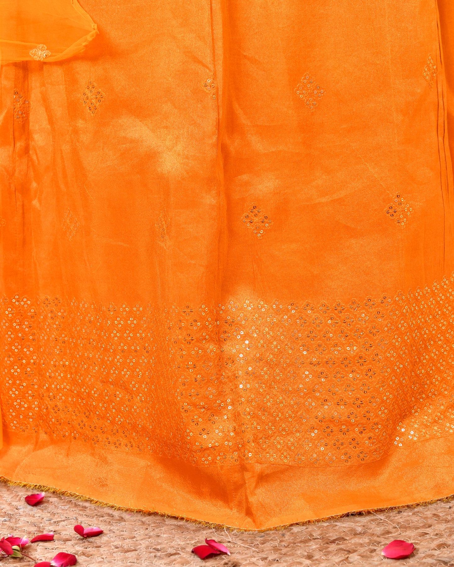 Yellow Peach Tissue Tari Work Rajputi Suit