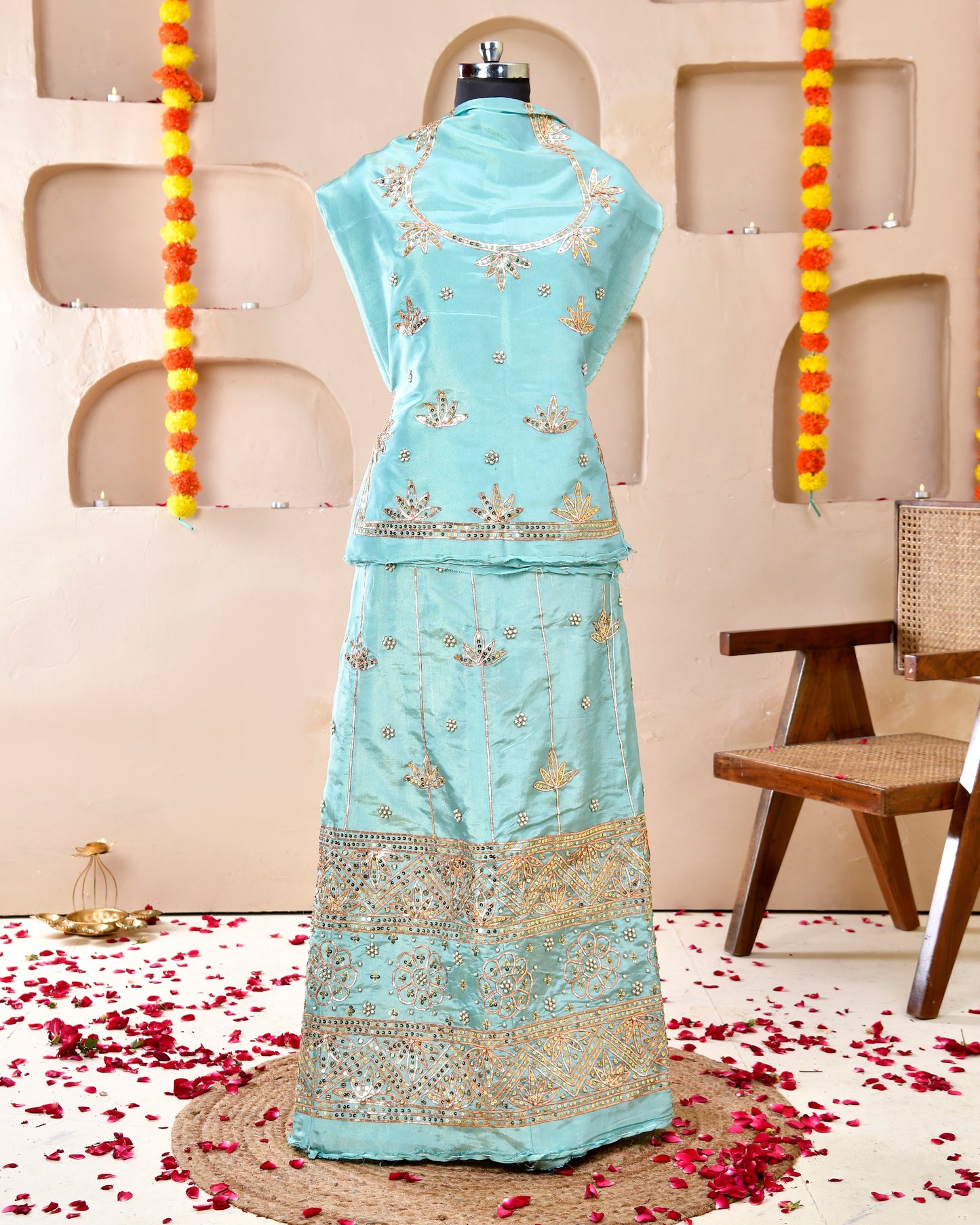 Sea Green Copper Moti Zardozi Rajputi Poshak