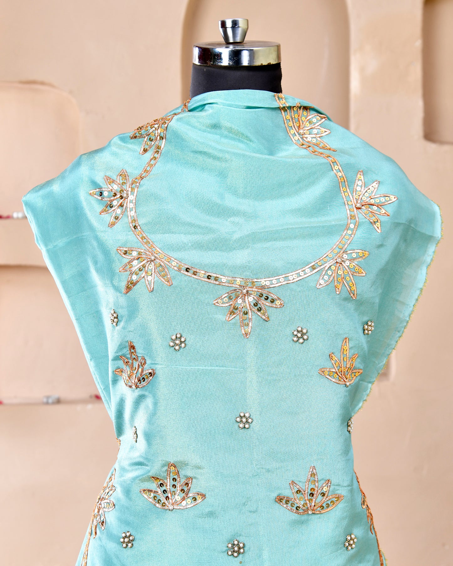 Sea Green Copper Moti Zardozi Rajputi Poshak