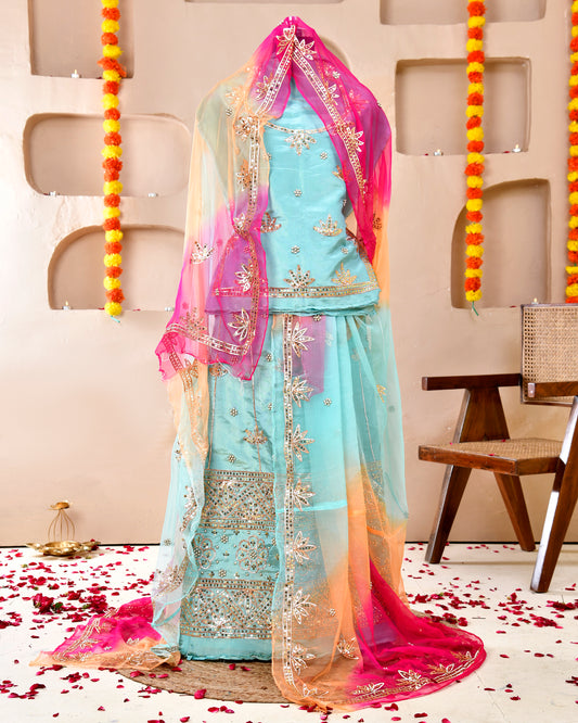 Sea Green Copper Moti Zardozi Rajputi Poshak