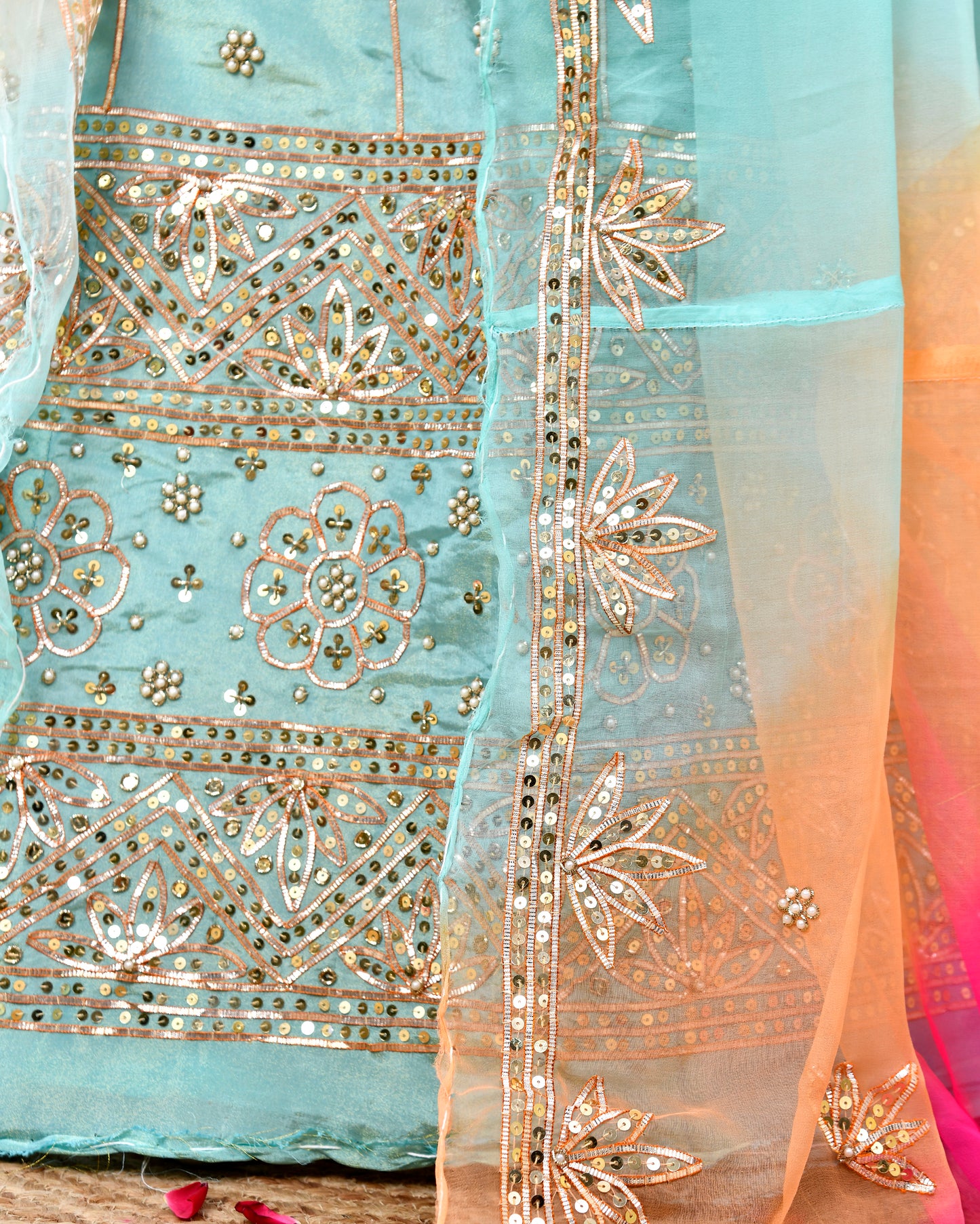 Sea Green Copper Moti Zardozi Rajputi Poshak