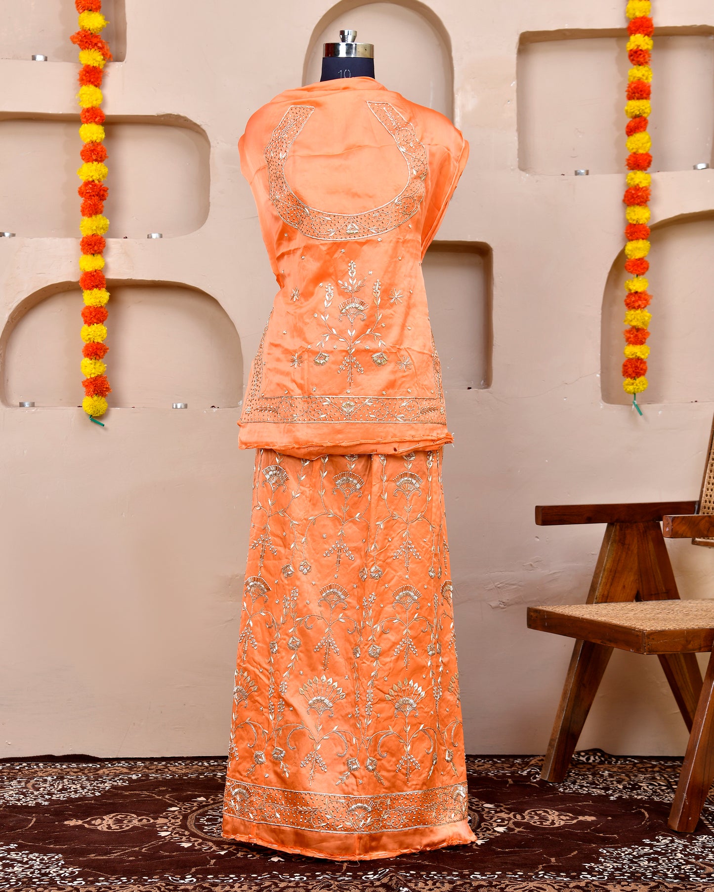 Peach Bamber Satin Rajputi Poshak