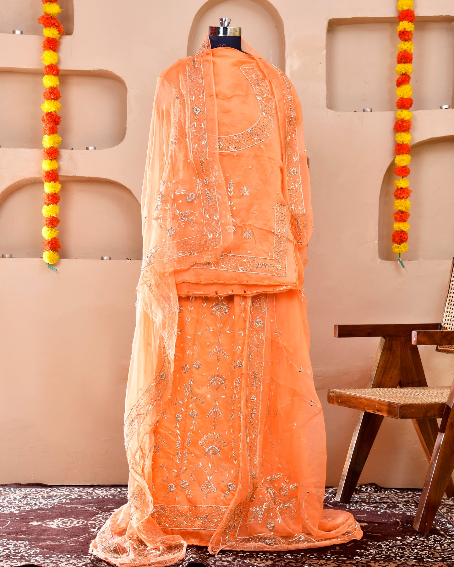 Peach Bamber Satin Rajputi Poshak