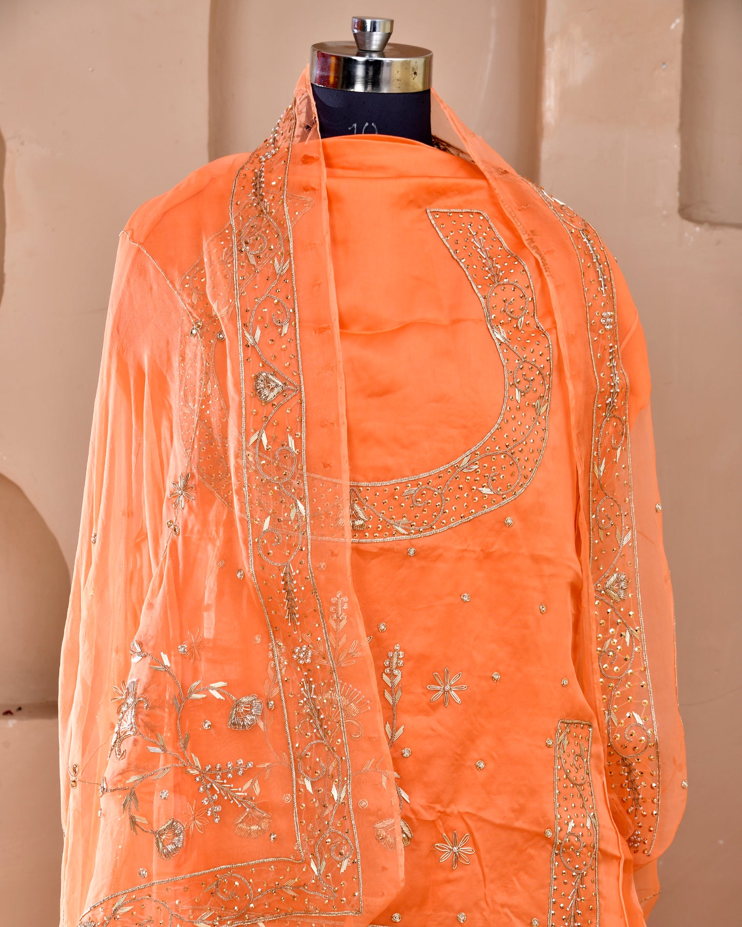 Peach Bamber Satin Rajputi Poshak