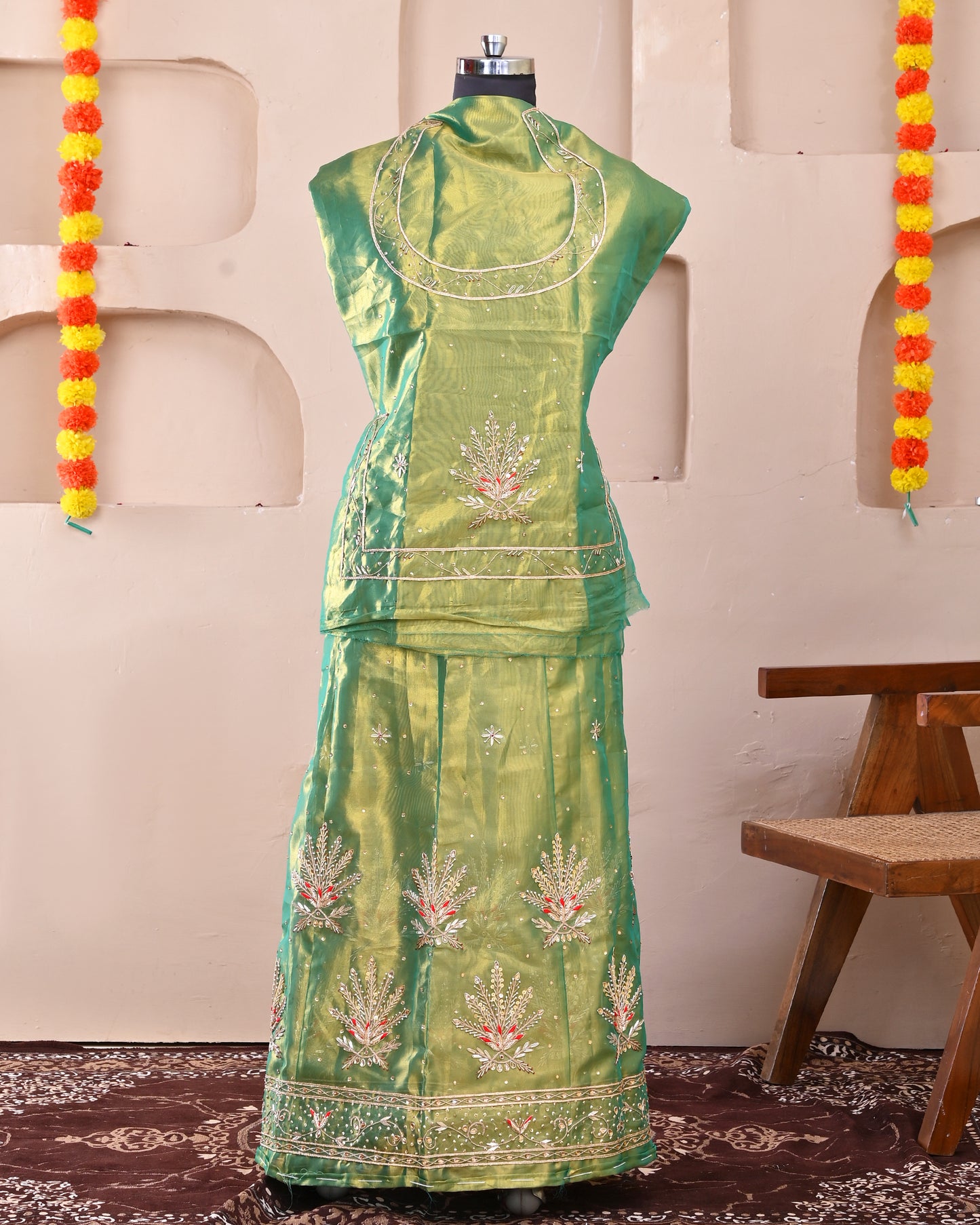 Green Tissue Handwork Rajputi Poshak