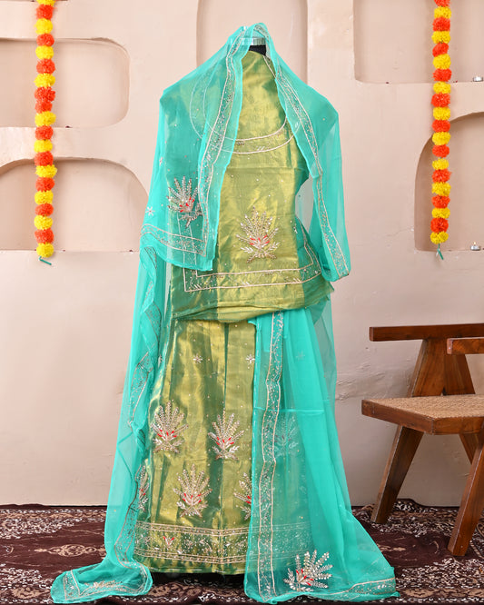 Green Tissue Handwork Rajputi Poshak