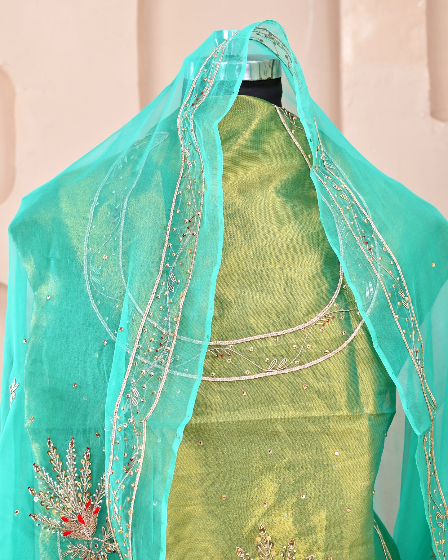 Green Tissue Handwork Rajputi Poshak