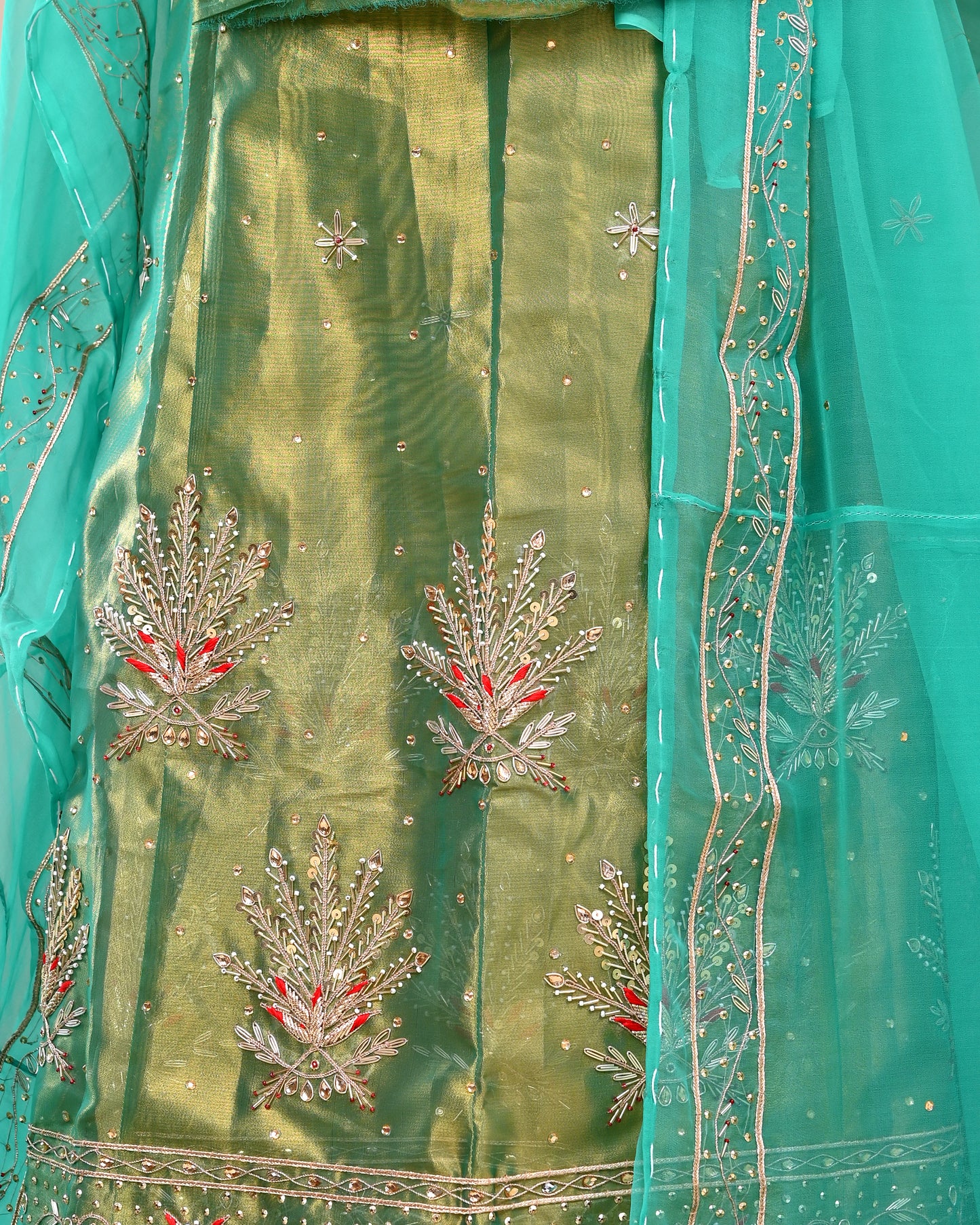 Green Tissue Handwork Rajputi Poshak