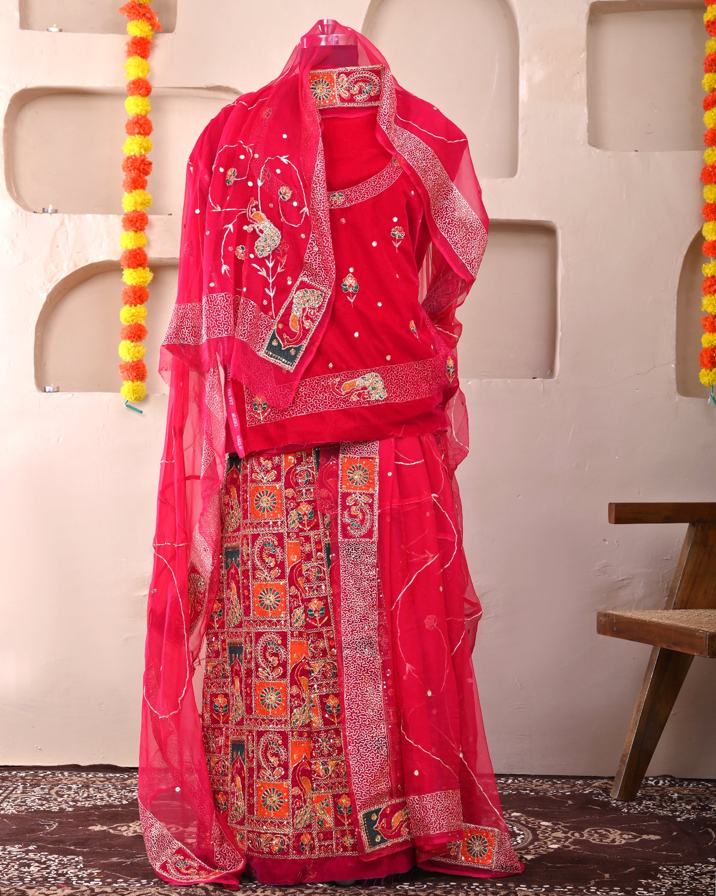 Red Velvet Mix Handwork Rajputi Suit
